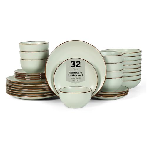 Stone Lain Brasa Stoneware 32 Piece Modern Dinnerware Set, Plates and Bowls, Service for 8, Light Green, Microwave & Dishwasher Safe - color: Light Green, size: 32-Piece Service for 8
