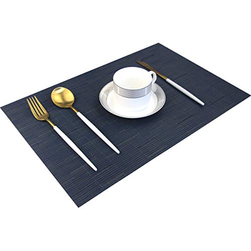 Placemats for Dining Table Woven Vinyl Place Mats Wipe Off Plastic Placemats Stain Resistant Table Mats Set of 6 （Bamboo Navy） - color: Bamboo Navy, size: placemats set of 6