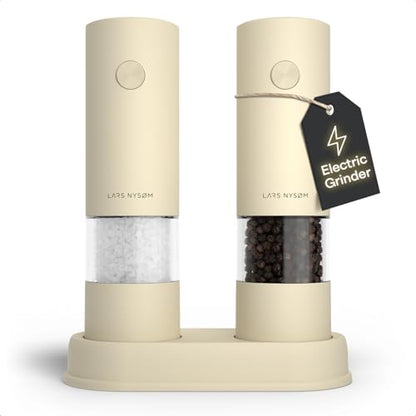 LARS NYSØM Electric Salt and Pepper Grinder Set I Automatic Salt and Pepper Mills with Adjustable Ceramic Grinder I AAA-Battery Operated Electric Spice Mill Set (Almond Beige) - color: Almond Beige