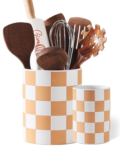 Utensil Holder，7.2 Inch Checkered Utensil Holder, Ceramic Cooking Utensil Spoon/Spatula Holder for Countertop, Kitchen Decor and Accessories, Brown - color: Brown Checkered