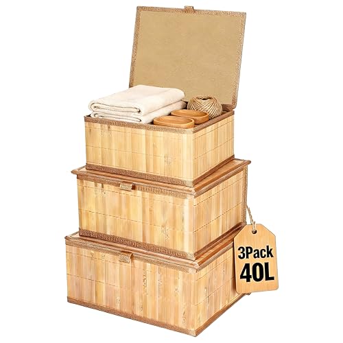 3 Pack Bamboo Decorative Shelf Basket,Woven Storage Boxes with Lined，Nesting Lidded Box with Lids for Toys,Cosmetics,Office,sundries,Closet,natural & eco-friendly bamboo storage organizers
