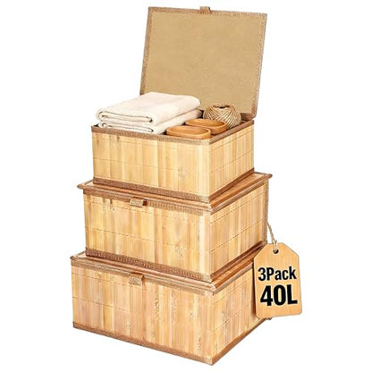 3 Pack Bamboo Decorative Shelf Basket,Woven Storage Boxes with Lined，Nesting Lidded Box with Lids for Toys,Cosmetics,Office,sundries,Closet,natural & eco-friendly bamboo storage organizers