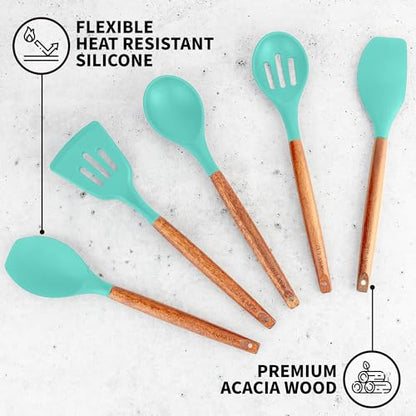 Zulay Kitchen 5 Piece Silicone Utensil Set | Non-Stick Silicone Cooking Utensils Set with Acacia Wood Handles - 464°F Heat Resistance Kitchen Utensils Set - Mint - color: Mint, size: 5-Piece Set