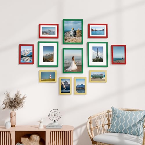 Vittanly 12 Pack Gallery Wall Frame Set, Green, Red, Gold | Gallery Wall Frame Set: 4pcs 8x10, 4pcs 5x7 & 4pcs 4x6 Photos for Wall & Table, Picture Frames made of Engineered Wood - color: Green & Red & Gold