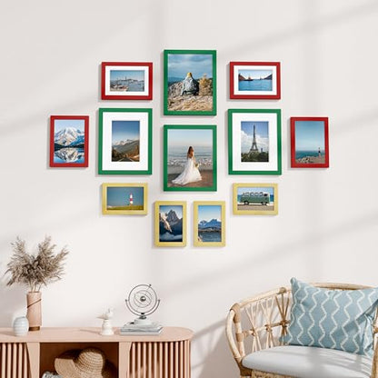 Vittanly 12 Pack Gallery Wall Frame Set, Green, Red, Gold | Gallery Wall Frame Set: 4pcs 8x10, 4pcs 5x7 & 4pcs 4x6 Photos for Wall & Table, Picture Frames made of Engineered Wood - color: Green & Red & Gold
