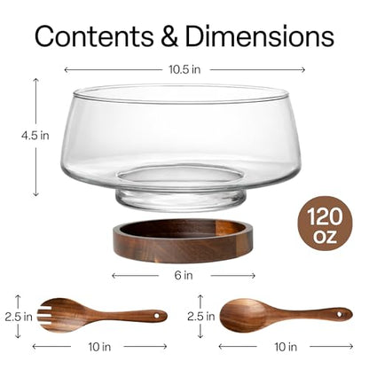 MIAMIO - Glass Salad Bowl Set/Salad Bowl with Serving Utensils (120 oz) | Glass Salad Bowl with Wood Base, Large Salad Bowl with Cutlery / Glass Fruit Bowl / Trifle Dish / Glass Serving Bowl