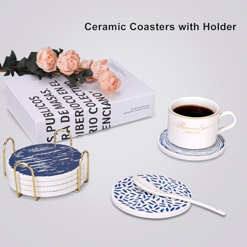 Absorbent Coasters Set of 6 Round Ceramic Coasters for Drinks Modern Blue Boho Coaster with Holder for Coffee Table Decor, Outdoor, Desk - style: Blue