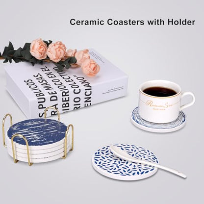 Absorbent Coasters Set of 6 Round Ceramic Coasters for Drinks Modern Blue Boho Coaster with Holder for Coffee Table Decor, Outdoor, Desk - style: Blue