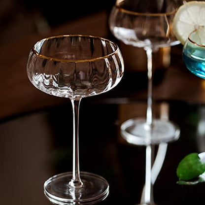 Lysenn Coupe Glasses Set of 4, Vintage Gold Rim Espresso Martini Glass, 9oz | Sturdy Stem, Hand Blown, for Champagne, Martini and Craft Cocktails, Wedding Reception, Dinner Party, Bar Cart, Ideal Gift