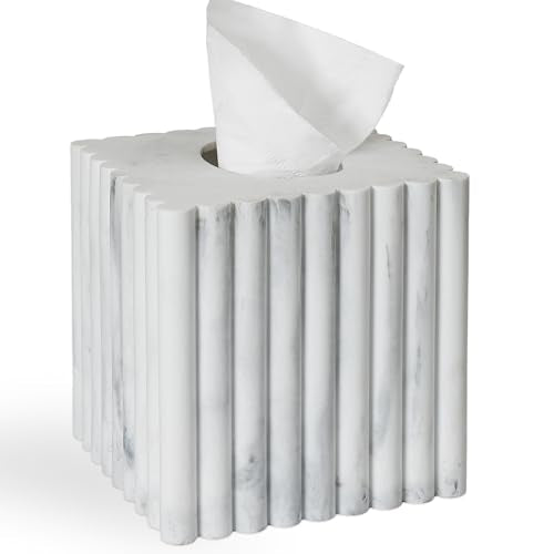 Modern Tissue Box Cover Square, Resin Stone Tissue Box Covers Holder, Decorative Marble Style Tissue Box Cover for Bathroom Kitchen Bedroom Living Room Office (White) - color: White