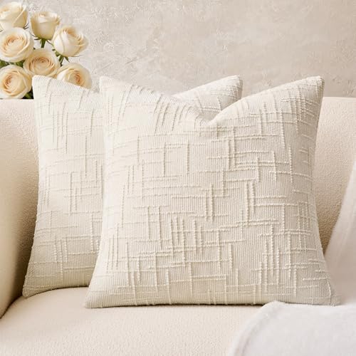 Throw Pillow Covers Neutral White Set of 2 18x18 Inch Pillow Covers, Soft Chenille Decorative Pillowcases for Couch Sofa Bed Living Room, Home Boho Decor, Modern Farmhouse Cushion Covers - color: Cream White, size: 18" x 18" (Pack of 2)