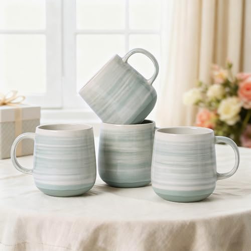 Coffee Mugs Set of 4, 12oz Stoneware Coffee Cups with Handle, Light Green | Hand-Painted Ceramic Mugs Set for Women and Men, Dishwasher & Microwave Safe, Suitable for Hot Coffee, Tea, Cocoa, Milk - color: Light Green