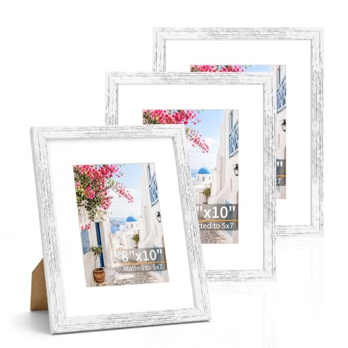 8x10 Picture Frames Set of 3 Vintage White Photo Frame Wall Table Display | Sturdy MDF 8x10 frames with mat clear plexiglass Hangs on wall stands on table family pics weddings diplomas home or office - color: Vintage White, size: 8x10