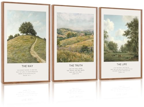 LHIUEM Christian Bible Verse Framed Canvas Wall Art,Vintage Jesus Wall Decor,Religious Scripture Landscape Painting,Natural The Way The Truth Artwork for Living Room,Bedroom,Dining Room -16"x24"x3 - color: Christian Bible Verse Wall Art, size: 16''x24''x3