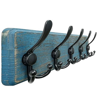Coat Rack Wall Mount - Heavy-Duty Robust Barnwood-Style Wooden Wall Coat Hanger Hook Rail with 5 Triple Hooks for Winter Coats Hat Jacket Clothing, Weathered Blue & Black - color: Weathered Blue & Black, size: L=17.4"