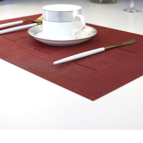 Placemats for Dining Table Washable Easy to Clean PVC Placemat Heat-resistand Woven Vinyl Wipe Clean Table Mats (placemats Set of 6, Bamboo Red) - color: Bamboo Red, size: placemats set of 6