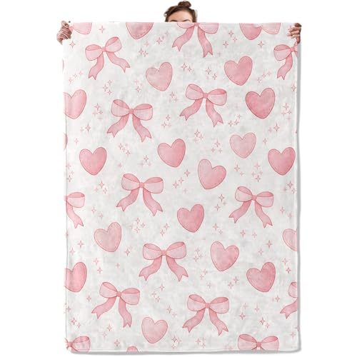 Romantic Heart Bow Throw Blanket, Pastel Pink Ribbon and Star, Soft Flannel Fleece, 50x60 Inch, Bedroom Lounge Nap Blankets for Girls Women, Cozy Sweet Valentine Home Decor Gifts - color: Bow, size: 60x50 INCH