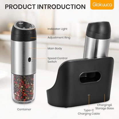 Rechargeable Gravity Electric Salt Grinder Set,Stainless Steel | with Variable Grinding Speed, External Adjustable Coarseness,Charging Base and White LED Light - color: Stainless Steel with Charging Base