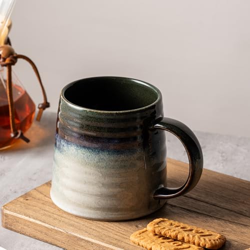 15.5oz Large Heavyweight Ceramic Mug, Reactive (Green-Black) | 15.5oz Medium-Large, Heavy Weighted Stoneware, Reactive Transmutation Glaze, Microwave & Dishwasher Safe, Gift Box - color: Green Black