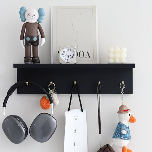 Marine Plywood Wall Mounted Coat Rack with Shelf & Key Hooks, 5 Brass Hooks Entryway Organizer, Modern Floating Shelf for Bedroom Hallway, Space-Saving Home Storage Rack (1, Black) - color: Black