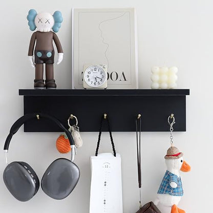 Marine Plywood Wall Mounted Coat Rack with Shelf & Key Hooks, 5 Brass Hooks Entryway Organizer, Modern Floating Shelf for Bedroom Hallway, Space-Saving Home Storage Rack (1, Black) - color: Black