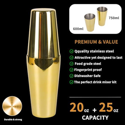 Cocktail Shaker Set Bartender Kit with Bamboo Stand, 15-Piece Stainless Steel Bar Set Accessories, Professional Bartending Kit Home Bar Tools Set with Recipes (Gold, Natural Wood Stand) - color: Gold, size: Wood Stand