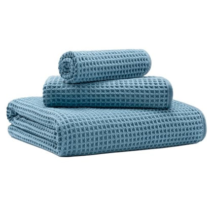 MICROFI Microfiber Waffle Bath Towels, 3 Pieces, Oversized, Soft, Absorbent, Fast Drying, Lint Free, Includes Bath, Face and Hand Towels 430 GSM - color: Blue