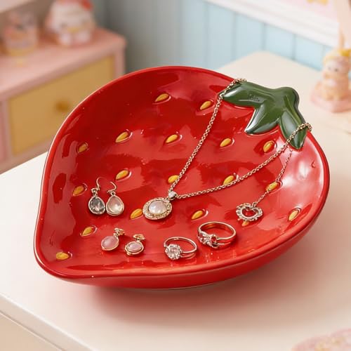 5.52" x 4.53" x 0.91" Strawberries Jewelry Dish Tray Ceramic Ring Holder Seastarfish Bowl Cute Jewelry Organize Key Storage Tray Decorative Trays for Home Decor Porcelain Jewelry Deco - color: Red Strawberries Decorative Tray
