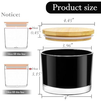 CONNOO 6 Pack 16oz Black Wide Mouth Glass Candle Jars | Airtight Bamboo Lids, Sticky Warning Labels, For Candle Making, Dishwasher Safe - color: 6 Pack-Matte Black