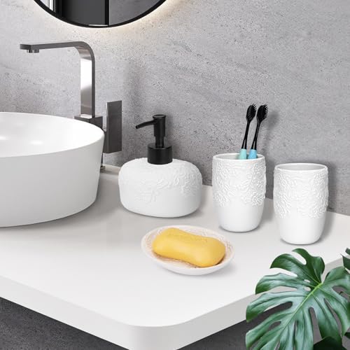 Bathroom Accessories Set, 4pcs Ceramic with Embossed Design Look Sets Bathroom Soap Dispenser 13.5oz & 2Pcs Ceramic Cup, 1Pcs Soap Dish - color: White-black