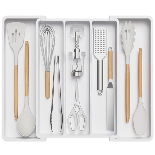 Lifewit Utensil Organizer for Kitchen Drawers, Expandable Utensil Tray | Adjustable Cooking Cutlery Silverware Flatware Holder, Plastic Spatula Tools Storage Divider, 13-22 x 15", White - color: White, size: Large(13-22''W x 15"D)
