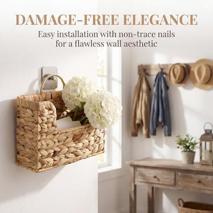 Handwoven Water Hyacinth Wall Basket Storage with Non-Trace Nails - Decorative Hanging Magazine File Holder & Mail Organizer for Wall or Desk - Damage-Free Wicker Book Basket for Office & Home