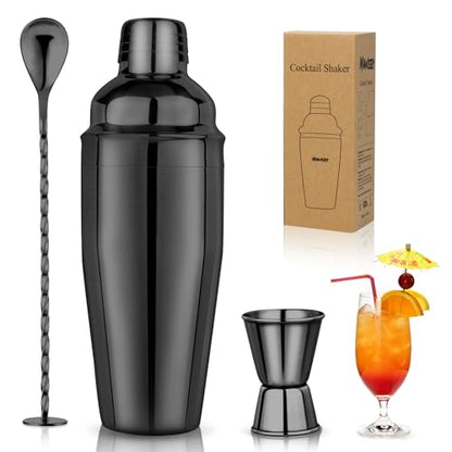 24oz Cocktail Shaker Set Martini Shaker Set Bartender Set | Professional 18/8 Stainless Steel Bar Tools with Margarita Mixer Drink Shaker, Measuring Jigger and Mixing Spoon (Black) - color: Black