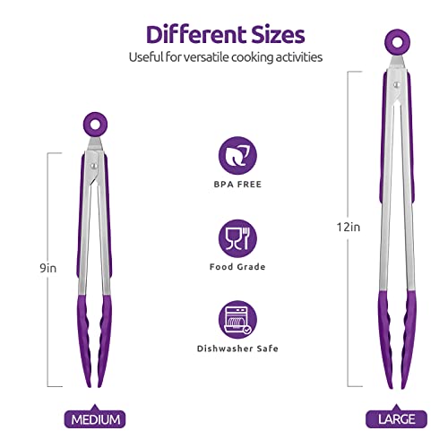 U-Taste 600ºF High Heat-Resistant Non-Stick Kitchen Cooking Tongs Set of 2, and Upgraded 600ºF High Resistant Flexible and Sturdy Silicone Spatula Set of 4 (Purple)