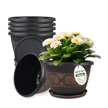 8 Inch Retro Plant Pots 6 Pack with Drainage and Saucers Copper | Copper retro PP pots with drainage holes and saucers for herbs succulents starter plants shelves and windowsills - color: Copper, size: 8 Inches-6 packs