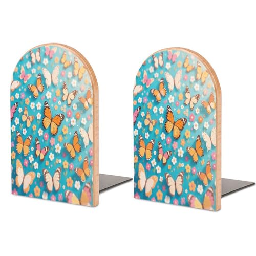 Personalized Wood Book Ends Metal Base Vintage Butterfly Pattern Printing Bookend Modern Heavy Duty Bookends for Home Or Office 1 Pair - color: Vintage Butterfly Pattern