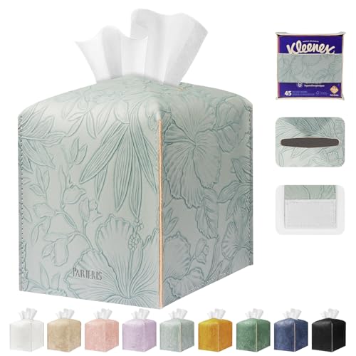 Tissue Box Holder Cover Square Tissue Cube Cover PU Leather Tissue Organizer with Bottom Belt for Bathroom, Tabletop, Kitchen, Night Stands, Office, Home, Car (1, Blue) - color: Blue