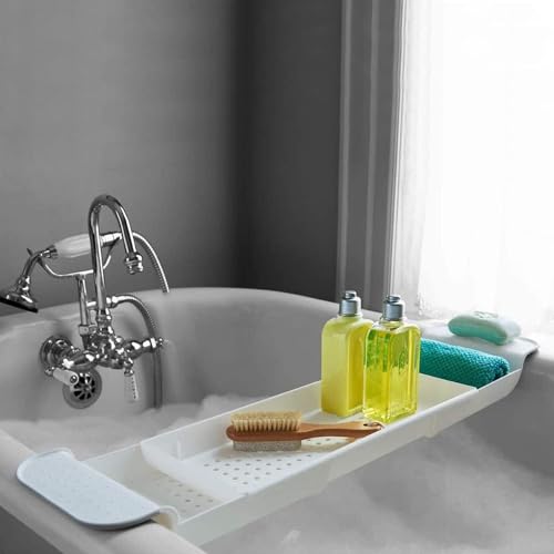 Expandable Drain Bath Shelf Caddy Tray, Multifunctional Plastic Bathtub Tray Bathroom Organizer Simple Stylish Bathtub Storage Rack for Candle Towel, Book, Wine, Phone, Shower - color: White - 1pcs