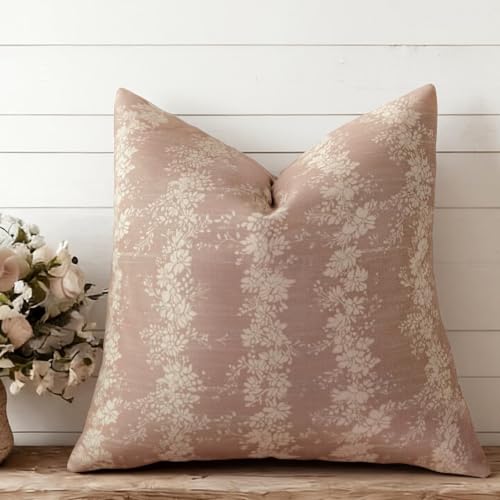 Pink Floral Throw Pillow Covers Stripes 18x18 inch Neutral | Farmhouse Pillow Covers Vintage Boho Deco Couch Cushion For Sofa Living Room Bedroom - color: Pink/Beige