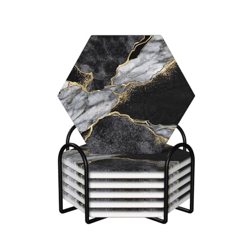 Black Golden Grey Marble Hexagonal Drinks Coasters Absorbent Stone with Holder Set of 6, Abstract Luxury Modern Dark Gray Gold Marbled Hexagon Ceramic Coaster for Coffee Table Protection - color: Black Gray Gold Marble, size: Hexagon