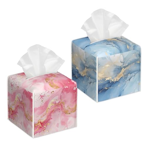 Blue Pink Gold Liquid Marble 2 Pcs Tissue Box Holder Square Tissue Box Cover Facial Cube Napkin Organizer Dispenser for Bedroom Office Bathroom Decor - color: Blue Pink Gold Liquid Marble