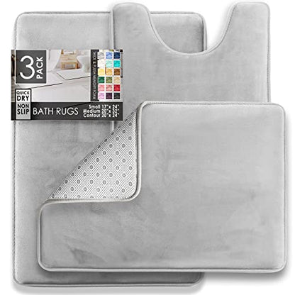 Clara Clark 3 Piece Bathroom Rugs Bath Mat Set, Velvet Memory Foam Bath Mats for Bathroom - Non-Slip, PVC Backing Bath Rugs, Washable - Dries Quickly, Silver - color: Silver