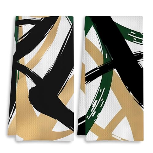 Abstract Boho Kitchen Towels, Minimalism Green Gold and Black Dish Tea Towels for Kitchen Decor, Mid Century Modern Hand Towels for Bathroom Decor, 16x24 Inch Set of 2 - color: 18- Abstract Towels