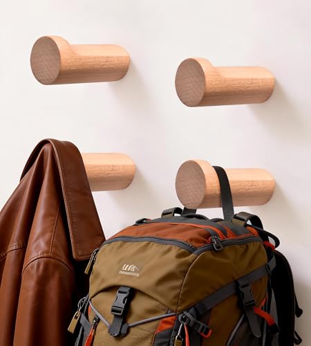 Beech Wood Wall Hooks, 4 Pack Heavy Duty Coat Hooks – Farmhouse Rustic Entryway & Bathroom Hooks for Hats, Towels, Bags, Clothes, Fits Drywall - color: Beech Wood, size: Straight 4-Pcs