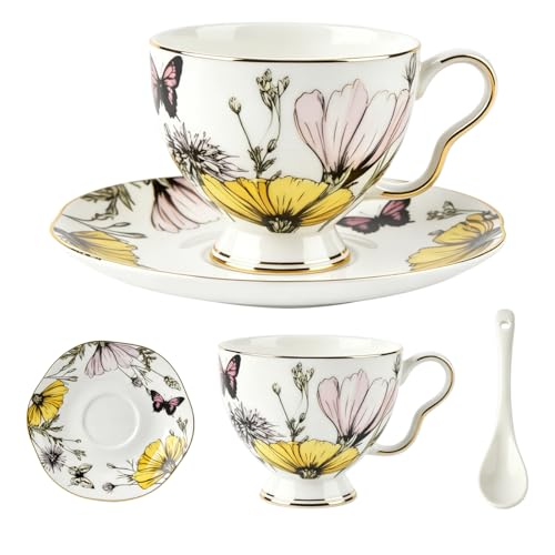 Tea Cup and Saucer Set, Floral with Gold Trim, 6.76 oz | Includes Spoon, British Style, Coffee & Latte Use, Party & Wedding Gifts, Christmas & Birthday Gifts - color: Butterfly01