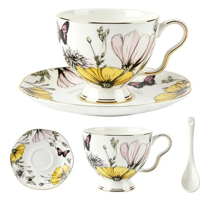 Tea Cup and Saucer Set, Floral with Gold Trim, 6.76 oz | Includes Spoon, British Style, Coffee & Latte Use, Party & Wedding Gifts, Christmas & Birthday Gifts - color: Butterfly01