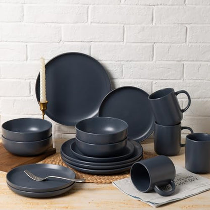 12-Piece Stoneware Dinnerware Set with Mugs | Microwave and Dishwasher Friendly | Stackable Matte Glaze Plates & Bowls | Service for 3 (Blue for 3) - color: Blue for 3