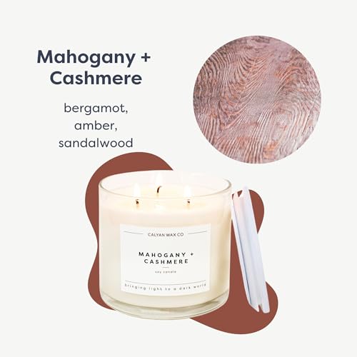 Mahogany & Cashmere 3 Wick Scented Candle - 43 Hour Burn | Made in the USA Luxury Clean Soy Wax Candles - Long Lasting Large Glass Jar Candle for Home - 3 Wicks - 14.9oz - color: Mahagony + Cashmere