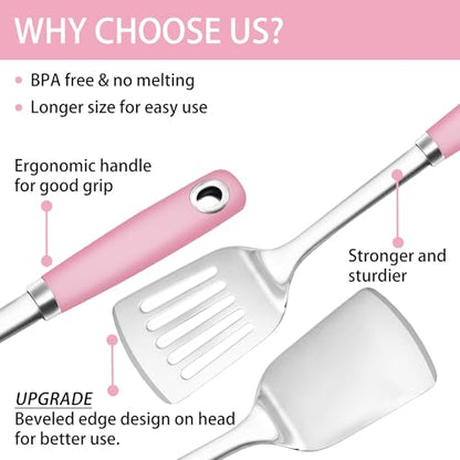 14-in Pink Spatula Set, 18/0 Stianless Steel Heavy Duty Turner & Slotted Spatula, Kitchen Cooking Utensils Set, High Heat Resistant, Grilling Frying Serving Food, Pack of 2 - color: Pink, size: 2PCS-Spatulas set
