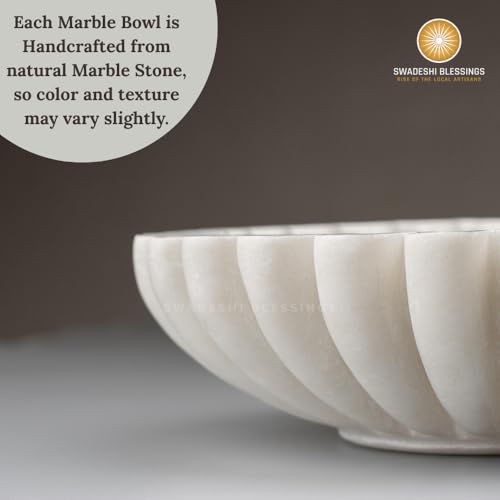 SWADESHI BLESSINGS Handcrafted Marble Ruffle Bowl for Home Decor, 6" | 100% Real White Marble, Catch-all Scalloped Fluted Decorative Bowl for Ring Dish, Fruit Bowl, Coffee&Dining Table, Gift-Ready - size: 6 Inches